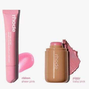 Rhode beauty Pink Lip Gloss and Cheek Blush Eye Makeup duo SET Piggy and Ribbon